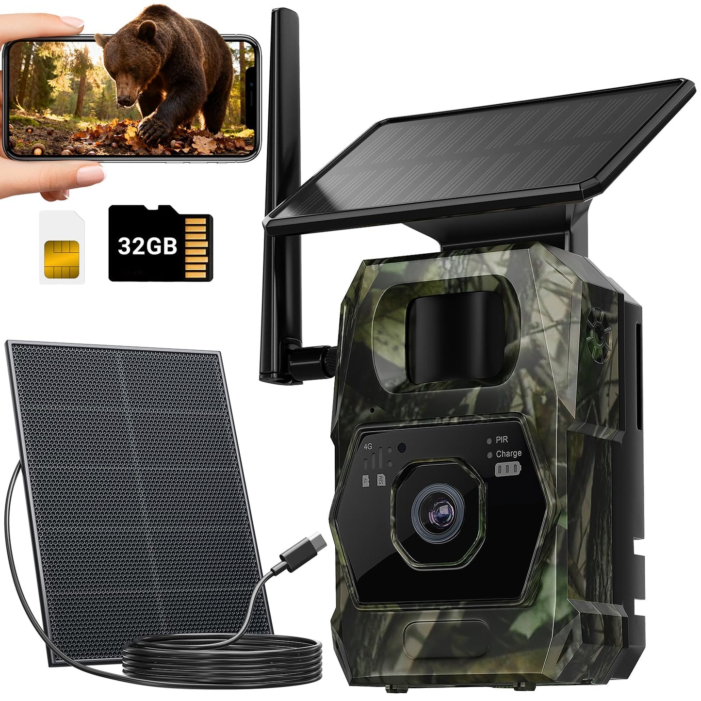 GKP9 Ai Trail Camera Cellular — Game Camera with Built-in Solar Panel, 32GBSd and SIM Card, 100mp Photos, 4k Videos 2 Way- Talk with Night Vision Motion Activated Waterproof