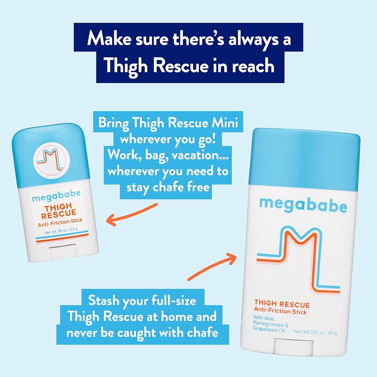 Megababe Anti-Chafe Bundle | Thigh Rescue Stick 2.12 oz & Travel Size 0.81 oz for Ultimate Comfort