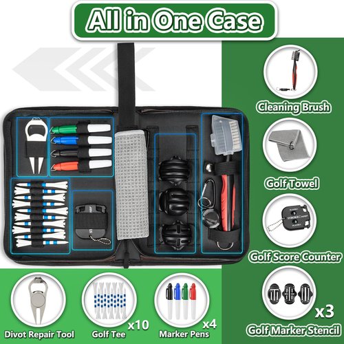 Golf Accessories for Men Women, Golf Gift Stuff with Hi-End Case, Golf Tees, Golfeball Marker, Golfer Towel, Club Brush, Divot Repair Tool, Stroke Counter and Marker Pens for Any Golf Fan, Souvenir