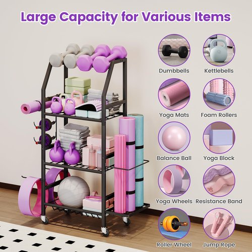Homeiju Dumbbell Rack, 4 Tier Weight Rack for Home Gym, Yoga Mat Storage Holder with Lockable Wheels, Dumbbell Stand with Hooks, All in One Work out Equipment Storage for Yoga Mat Dumbbell and Balls