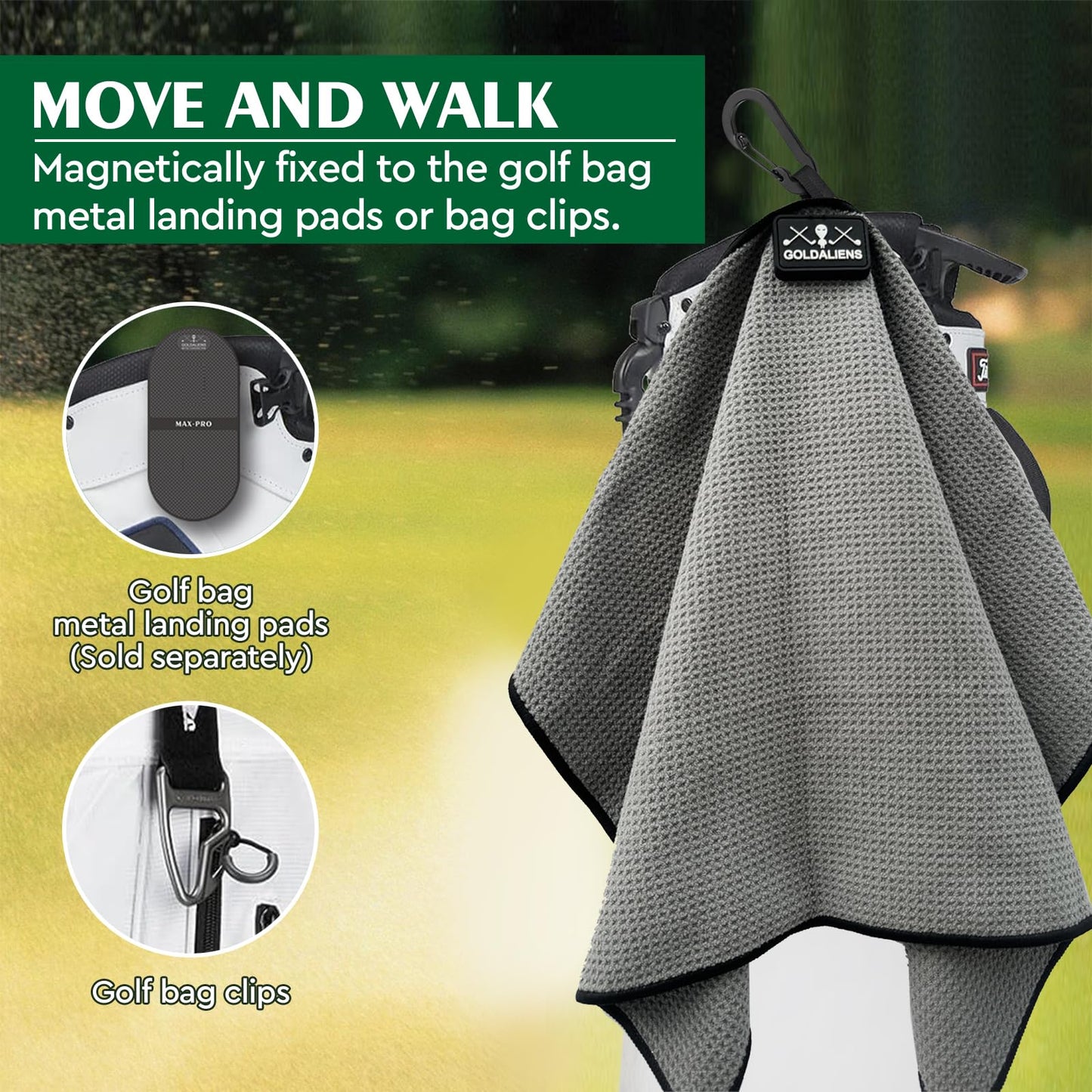 GOLDALIENS Magnetic Golf Towel for Men and Women with Clip,Printed Microfiber Waffle Design,Super Magnets Attached to Metal Landing Pads for Golf Carts, Clubs and Golf Bags, for Golfers
