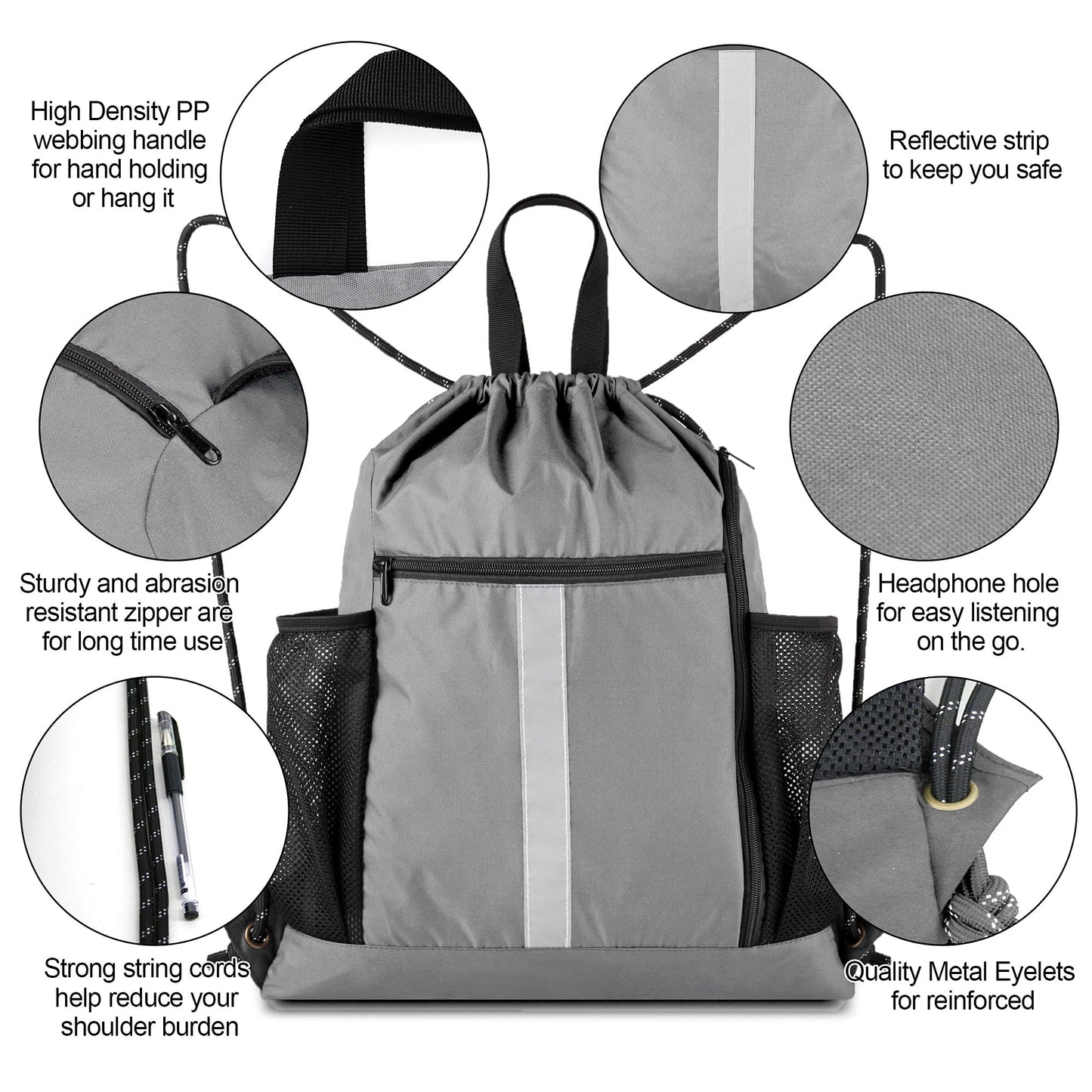 BeeGreen Grey Drawstring Bag Pack Gym Sackpack w Shoe Compartment Two Water Bottle Holder Portable String Sinch Sack for Gymnastic Athletic Beach Travel