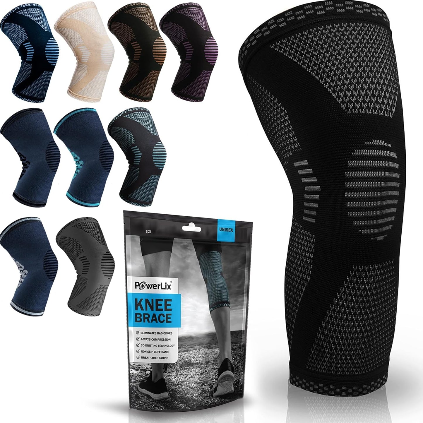 POWERLIX Knee Compression Sleeve - Ultimate Support for Running & Sports | Black, Large Size