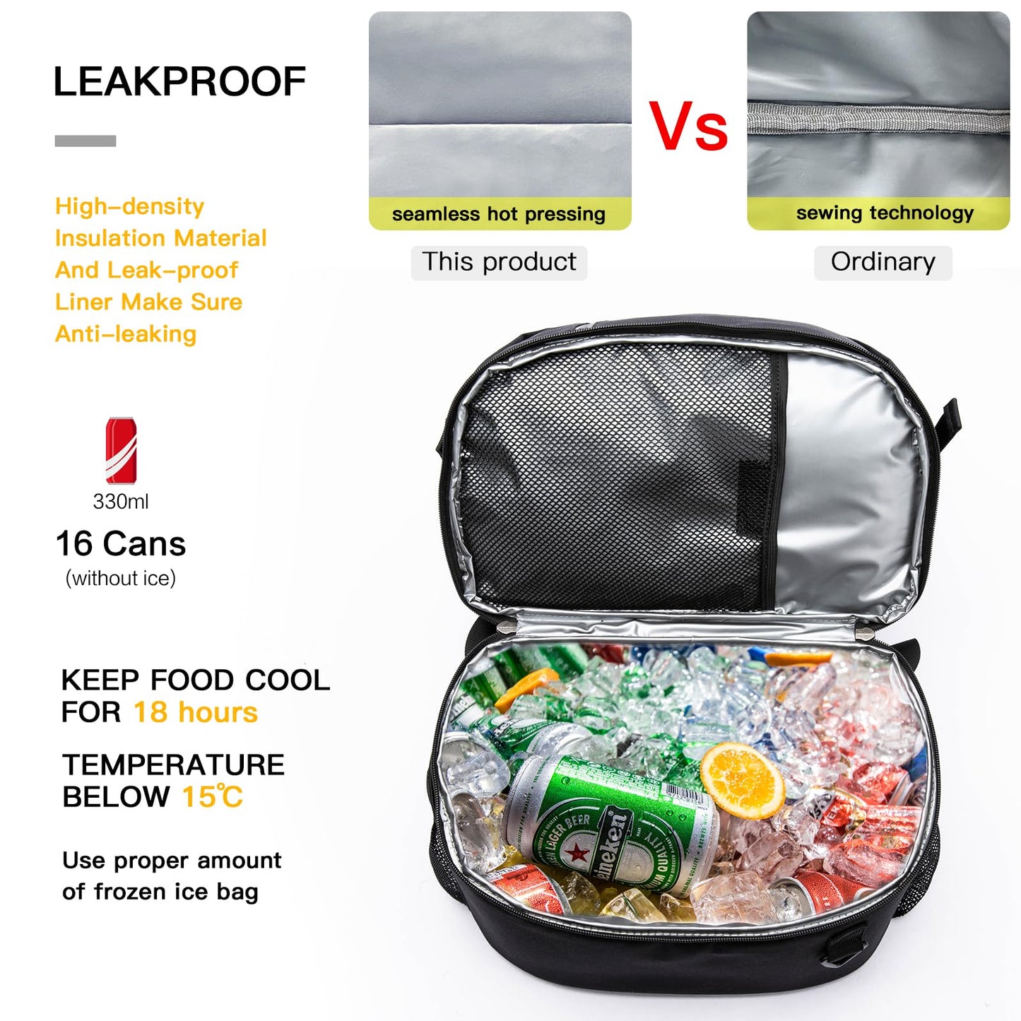 TUGUAN Insulated Cooler Backpack 38/42 Cans Double Deck Leakproof Lightweight Soft Lunch Backpack Small Cooler Bag Beach Picnic, Black