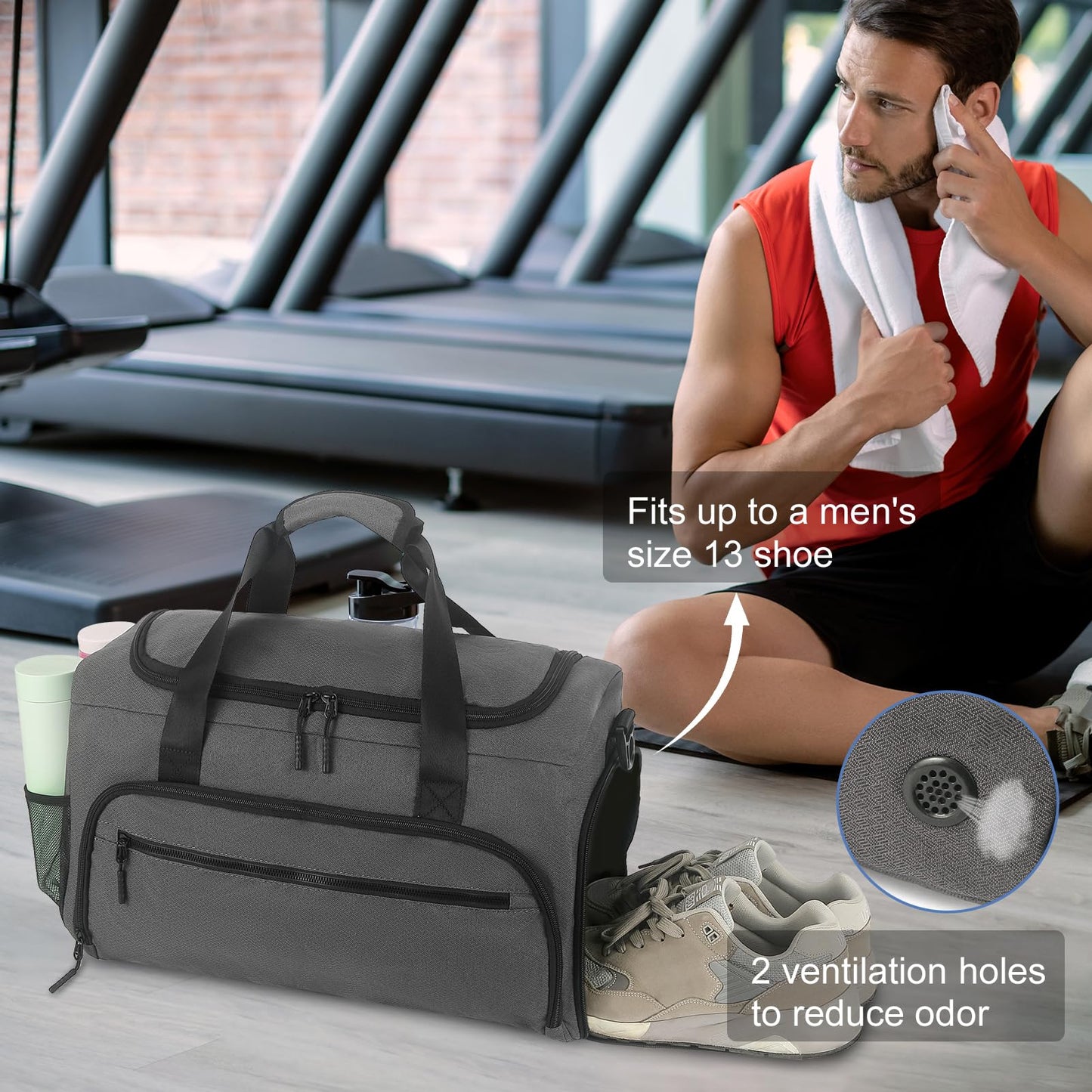 Gym Bag for Men Women, Sports Duffle Bag with Wet Pocket & Shoes Compartment, Water Resistant Overnight Weekender Bag Duffel Bag - Grey