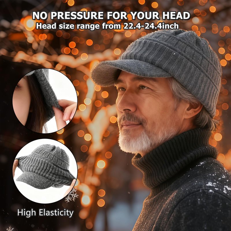 SEEK SURE Men's Winter Hat with Visor Warm Double Woolen Women Ribbed Knit Hat Cuff Beanie Cap with Brim for Cold Weather, L/XL Black