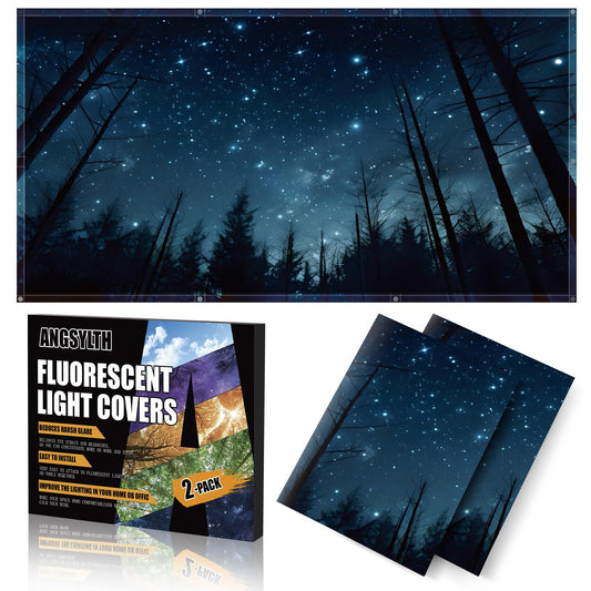 ANGSYLTH 2 Pcs Fluorescent Light Covers - 4 x 2 Feet Covers for Ceiling Lights, Magnetic Light Filters for Classroom, Office, Hospitals, Home (Forests & Starry Sky-2)