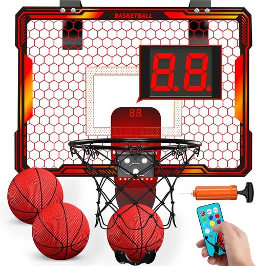 HYES Indoor Basketball Hoop - Mini Over Door Design with 7 LED Lights & Scoreboard | Adjustable Volume, Foldable