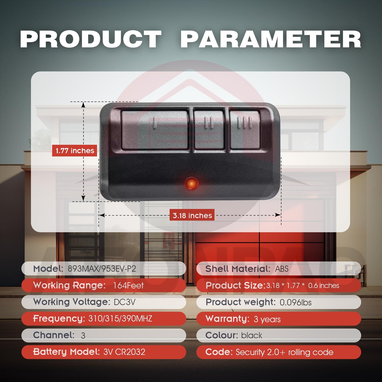 2 for 953EV/EVC 953ESTD Universal Chamberlain Garage Door Opener Remote, 3-Year-Warranty