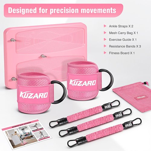 KUZARO Glute Workout Equipment, Leg & Hip Exercise Equipment for Women, Resistance Bands with Ankle Straps & Exercise Board for Home Gym Fitness, Kickbacks, Hip Thrusts, Lower Body Training