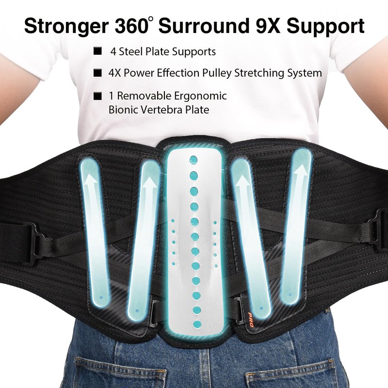 TIMTAKBO 11inch Height Back Brace for Lower Back Pain Relief,9X Power Back Support Brace for Men, Women with Removable Ergonomic Bionic Vertebra Plate, for Herniated Disc, Sciatica, Scoliosis（Large）