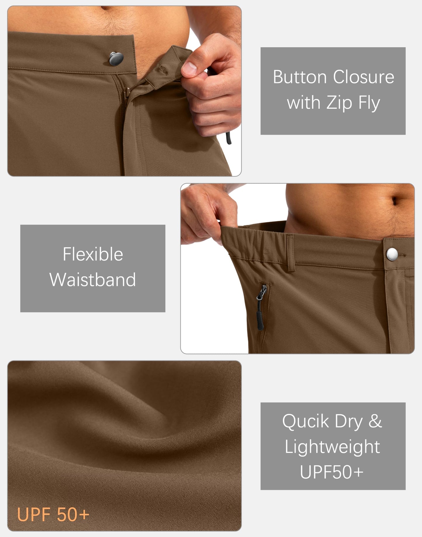 Pudolla Men's Hiking Cargo Shorts 9" Lightweight Outdoor Work Shorts for Men Travel Golf Camping Casual with 5 Zipper Pockets(Brown Medium)