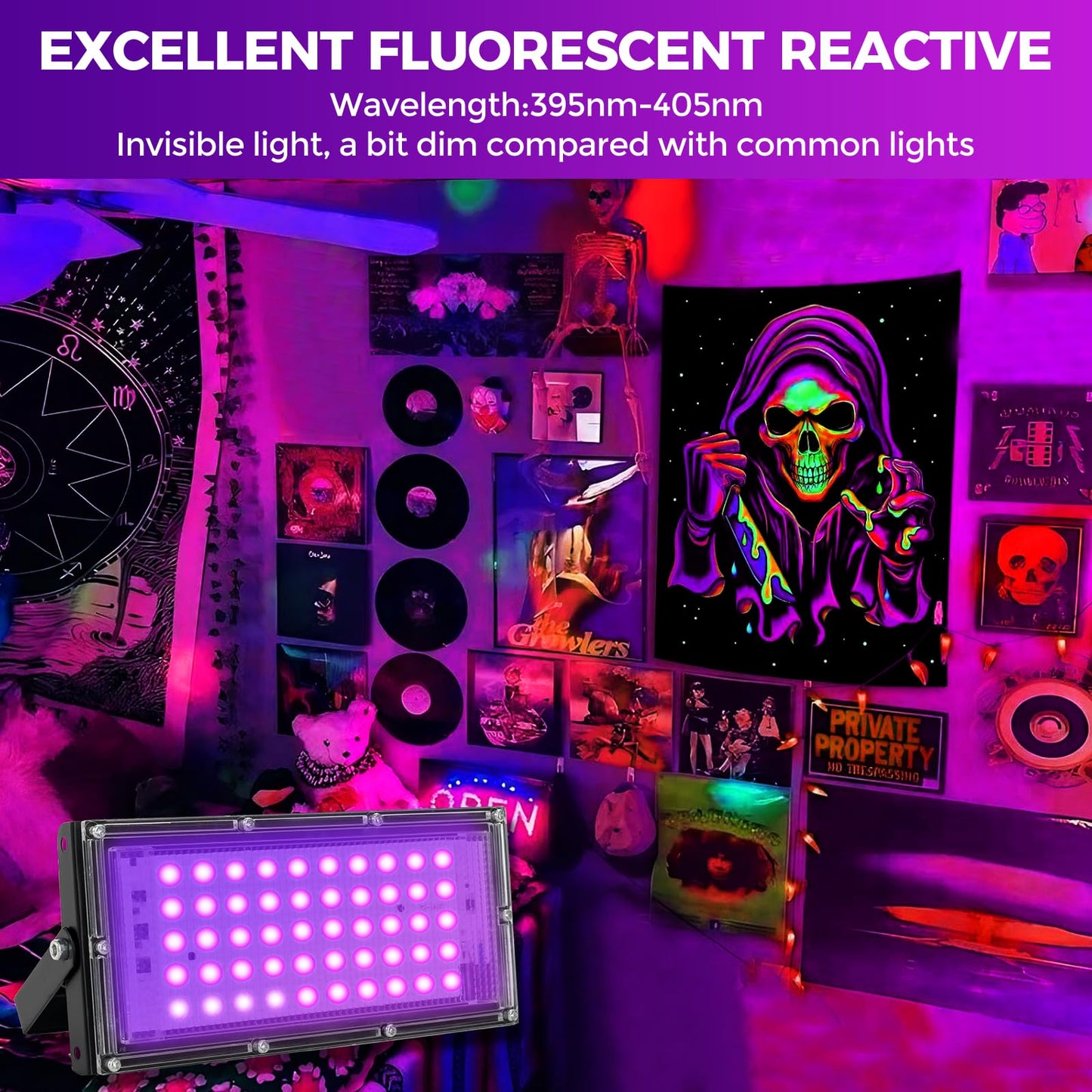 Waygor 50W LED Black Lights for Glow Party, IP65 Waterproof UV Blacklight Floodlight 395nm Black Light Flood Lights Purple Blacklights Spotlight Fluorescent UV Light Lamp for Halloween Decor (2 Pack)