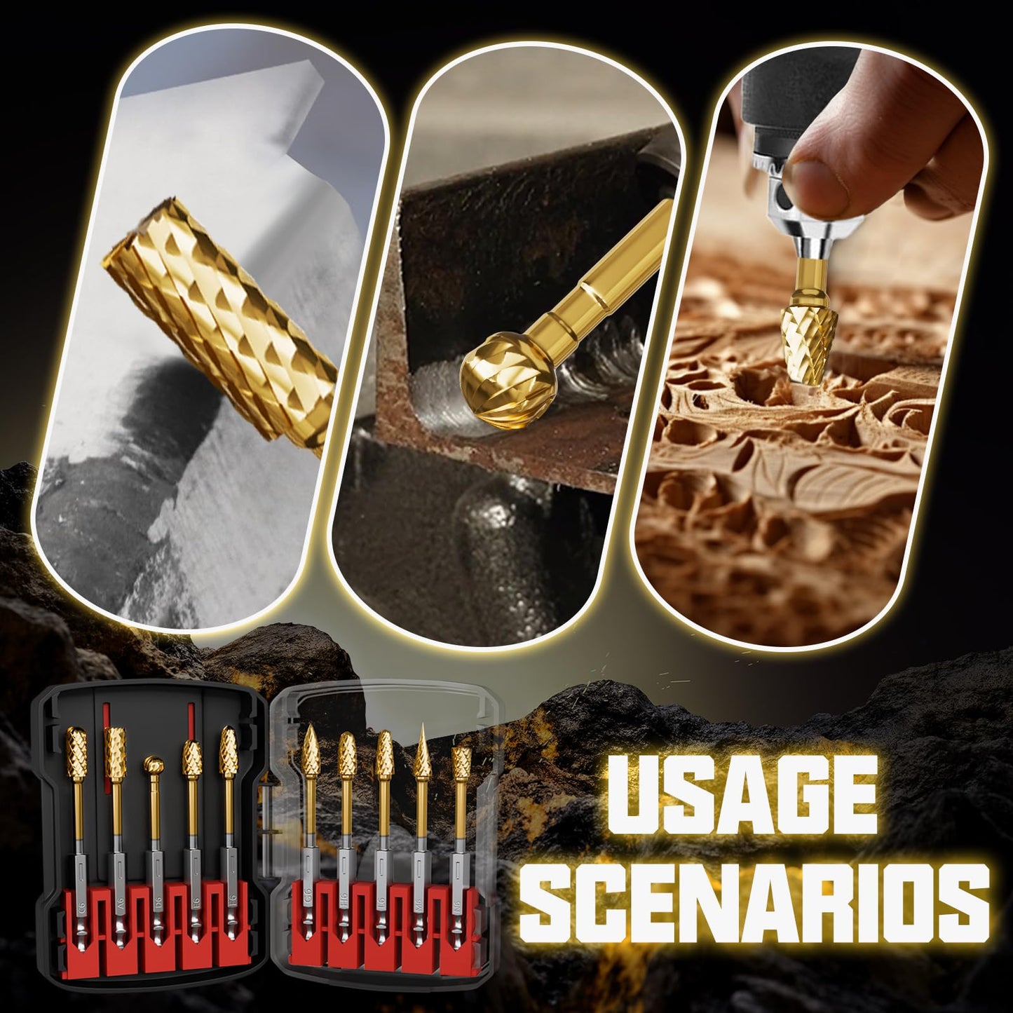 METOTY 10PCS Titanium Gold Carbide Burr Set for Die Grinder Bits, 1/4" Quick-Change Shank,Compatible with Milwaukee & DeWalt | Metal/Wood/Stone Grinding & Cutting | Premium Storage Case