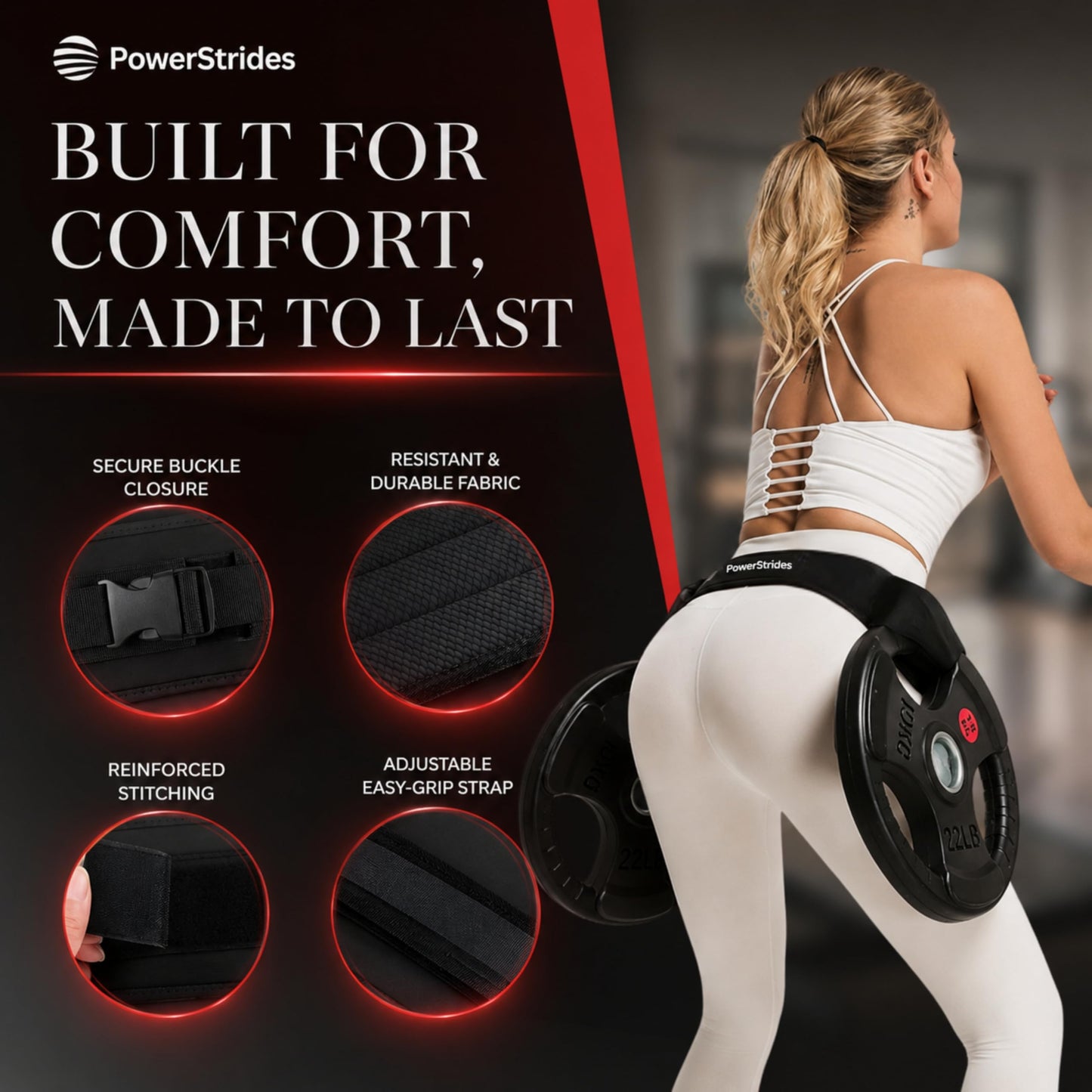 PowerStrides hip thrust belt for dumbbells – Best weightlifting Belt for home gym equipment workout and fitness weight lifting for men and women, perfect weights pad bandes accessories trainer at home for booty, glute and pilates exercise.