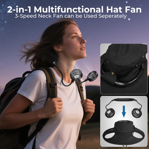 Cooling Sun Hat with Fan Rechargeable - UPF 50+ Wide Brim Bucket Hat for Sun Protection, 8Hrs Running Neck Fan Hat for Hiking, Fishing, Gardening, Camping & Beach Essentials, Gifts for Women & Men