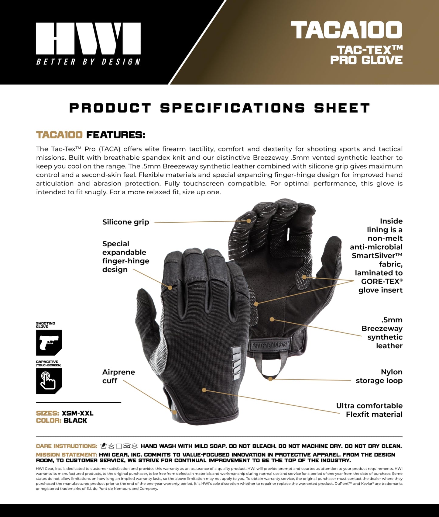 HWI Gear TAC-TEX PRO TACA100 Gloves, Hunting, Outdoor Sports, Touchscreen, Light Duty, Breathable, Dexterity, Black, Small
