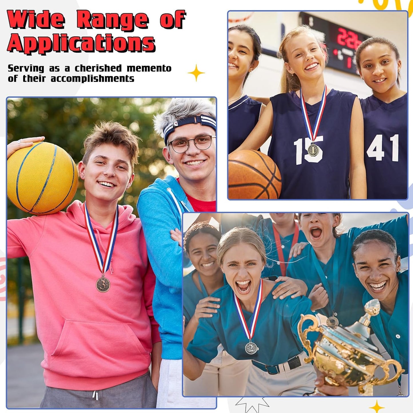 RoundFunny Award Medals - 1st, 2nd, 3rd Place Gold, Silver, Bronze Medals with Neck Ribbon | 2-Inch Trophy for Sports Competitions