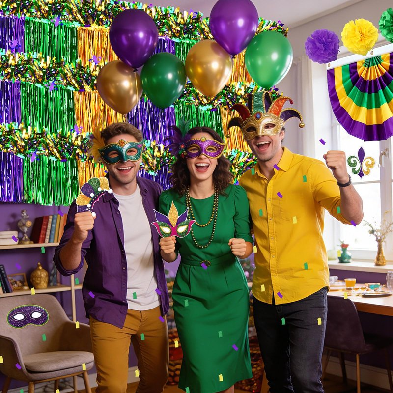 UPINS 57 Pcs Mardi Gras Decorations Kit, Mardi Gras Float Decorations Golf Cart Decorations for Parade, Includes Bunting Flag Garland Tinsel Fringe Streamers Balloons (Purple Green Gold)