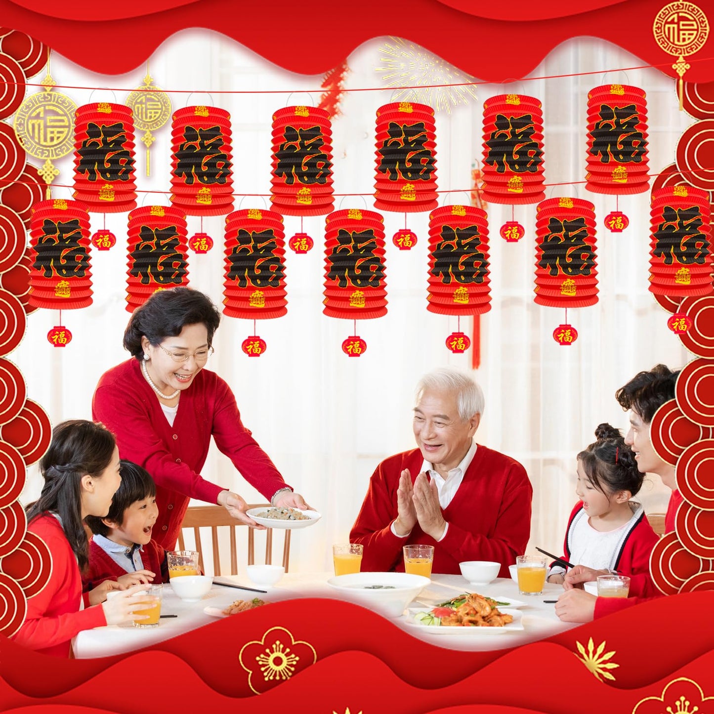 6Pcs Chinese New Year Decorations 2025, 6.3*9.8In Year of The Snake Red Fu Lanterns Lunar Spring Festival Ceiling Hanging Paper Lanterns Lamp Party Supplies Decor for Birthday Wedding Restaurant Store