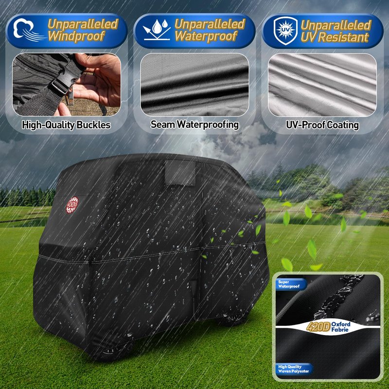 NOKINS 420D Waterproof 2+2 Specialized Golf Cart Cover,Oxford Fabric Cover Fit for Most Standard 2+2 Seater Golf Cart EZGO, Club Car, Protects Your Car from Wind and Rain,Black