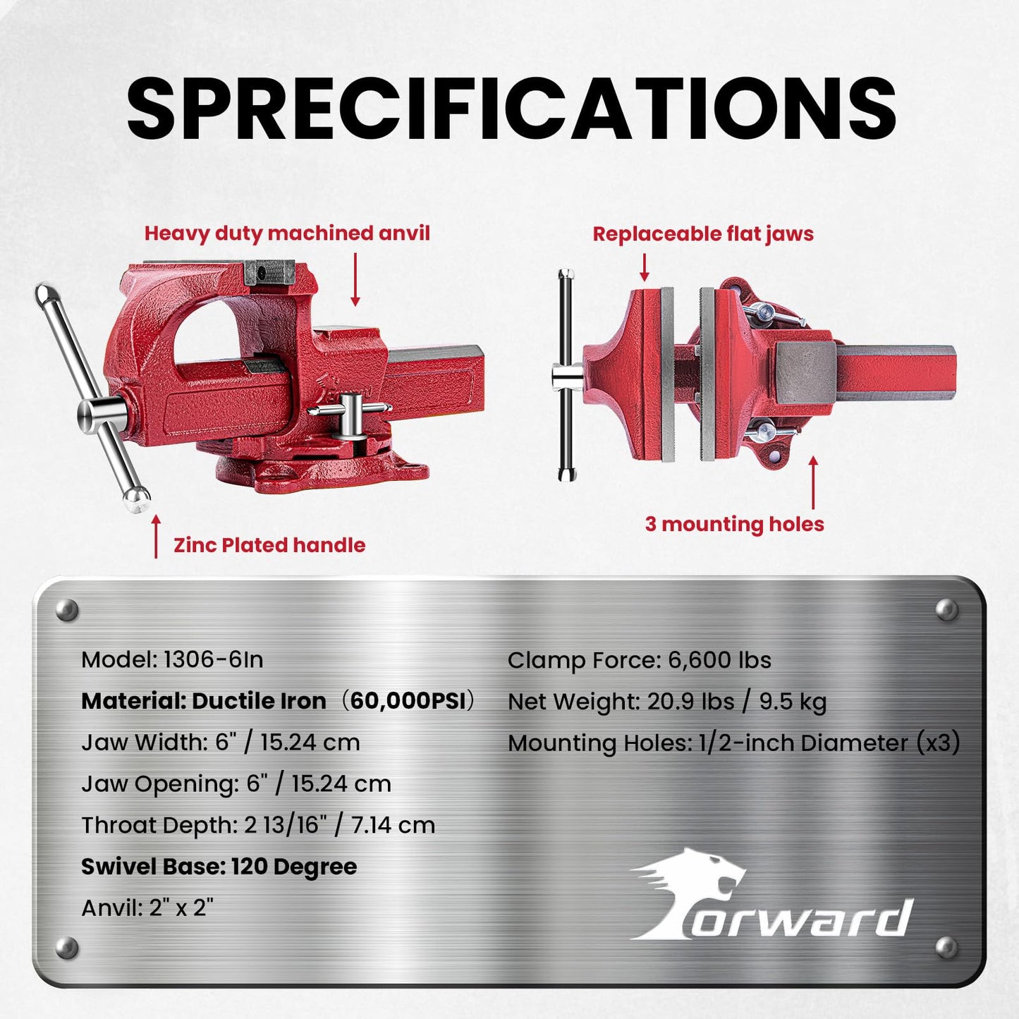 Forward 1306 6 Inch Home Vise Ductile Iron 6" Bench Vise Homeowner's Vice with Anvil and Swivel Base