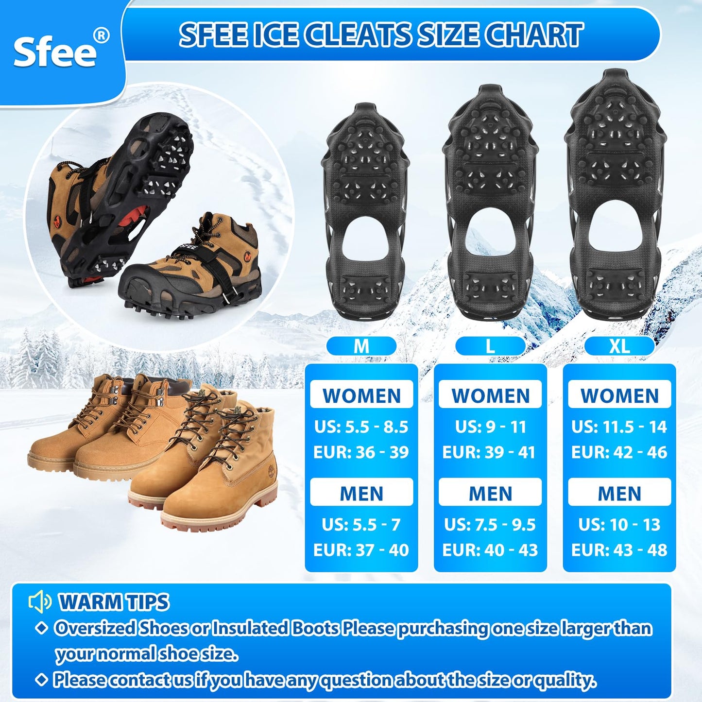 Sfee Crampons Ice Cleats for Shoes and Boots, 28 Snow Shoe Spikes Ultra-Grip Ice Cleats for Men & Women Non-Slip Snow Traction Ice Grippers for Shoes and Boots for Walking, Hiking, Climbing & Fishing