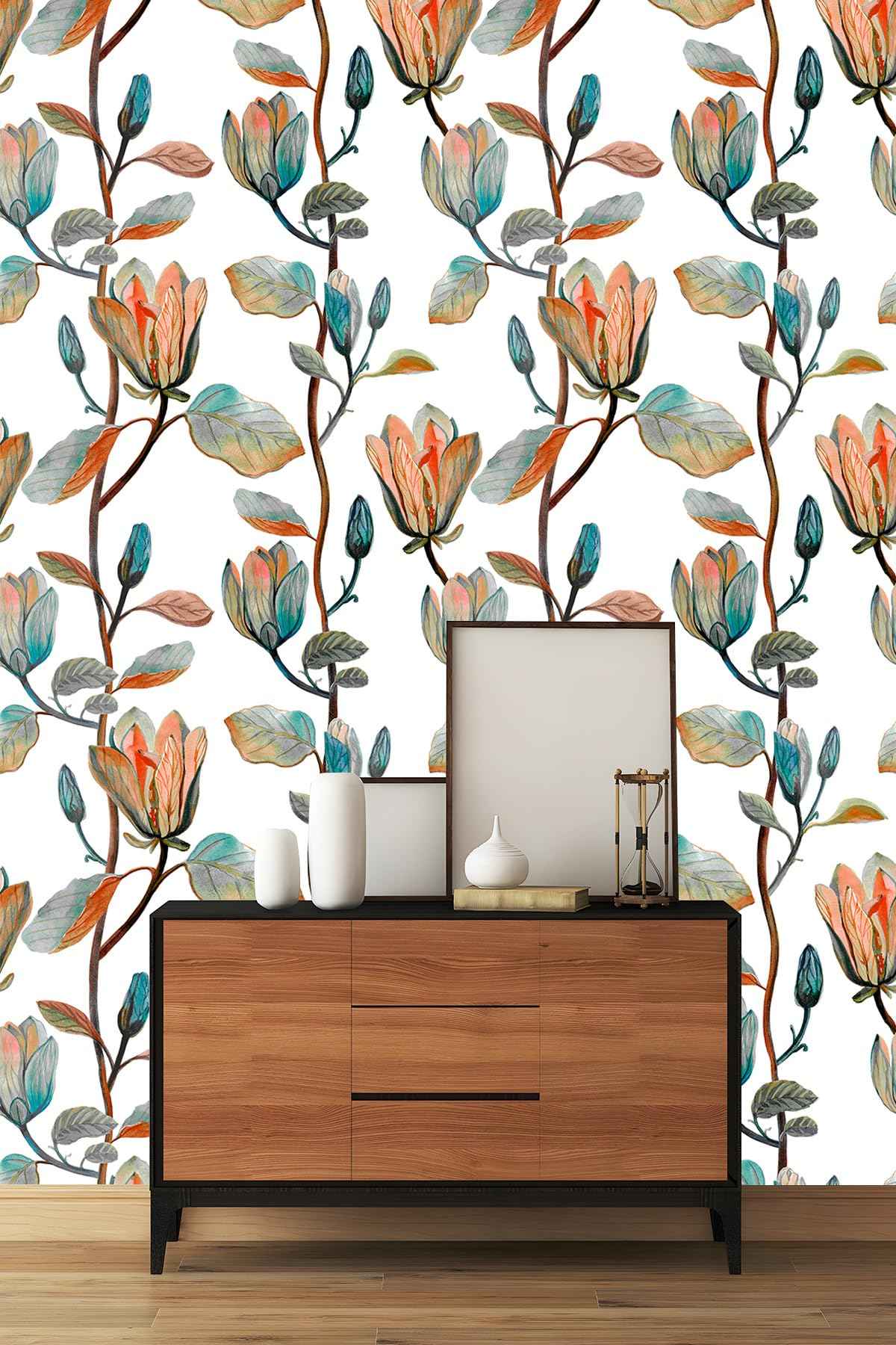 MIAHOME Magnolia Floral Leaf Peel and Stick Wallpaper Vintage Contact Wall Paper Modern Botanical Self Adhesive Vinyl Removable Renter Friendly Leaves Wallpaper 17.7in x 9.8ft