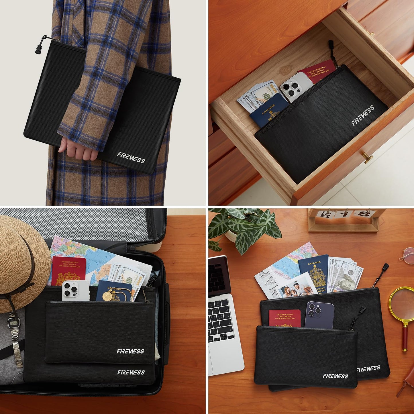 Fireproof Document Bag -2 Pack 13.4"x10" and 11"x6" Non-itchy Fireproof Money Bag, Waterproof Zipper holder for Valuables, Fire & Water Resistant Safe Pouch for File,Cash,Passport,Keys