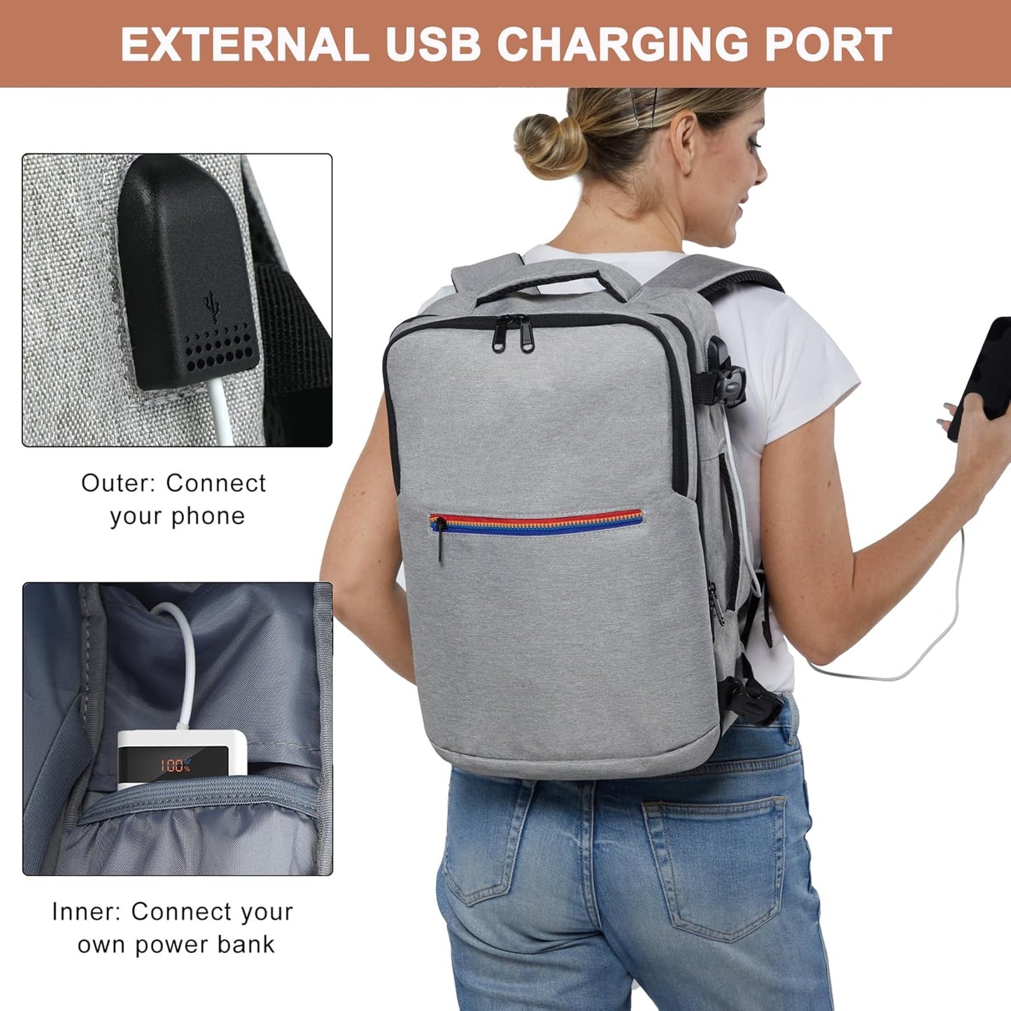 Skiennix Travel Backpack - TSA Approved with USB Charging Port | 15.6-Inch Laptop Bag for College & Business - Grey