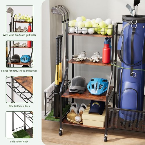 HavenlyYouth Golf Bag Storage Organizer - 360° Swivel Wheels, Wood Shelves, Fits 2 Bags, Anti-Tip Straps