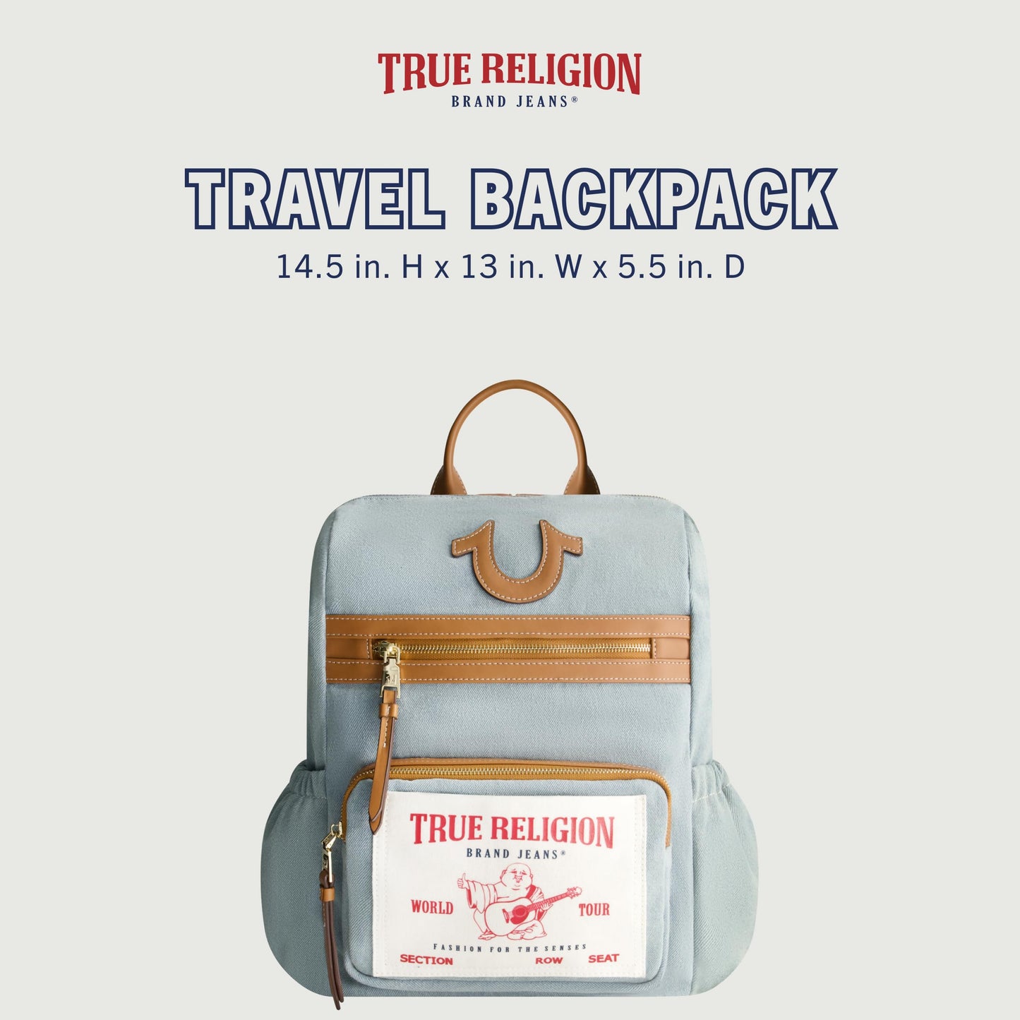 True Religion Backpack, Buddha Patch Bag with Horseshoe Logo and Zip Pocket Travel Bag, Denim