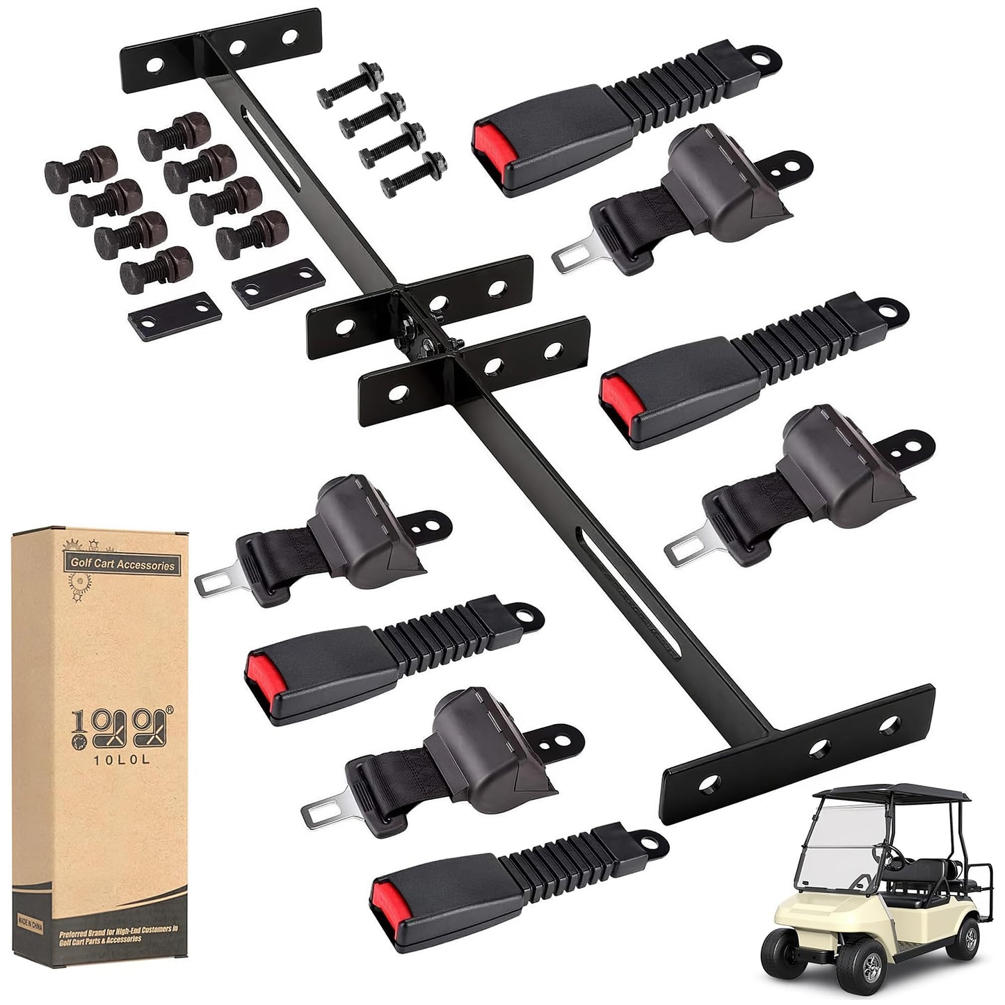 10L0L Golf Cart Seat Belts Kit, 42" Retractable Belts with Bracket for 4 Passengers (2+2) Fits EZGO TXT RXV, Yamaha, Club Car DS - Street Legal Upgrade