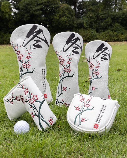 Plum Blossom Golf Head Covers, Floral Style Driver Headcover, Unique Design Driver Head Cover, Golf Club Covers Funny, PU Leather Advanced Embroidery with Soft Inner Lined for Most Brands - Winter