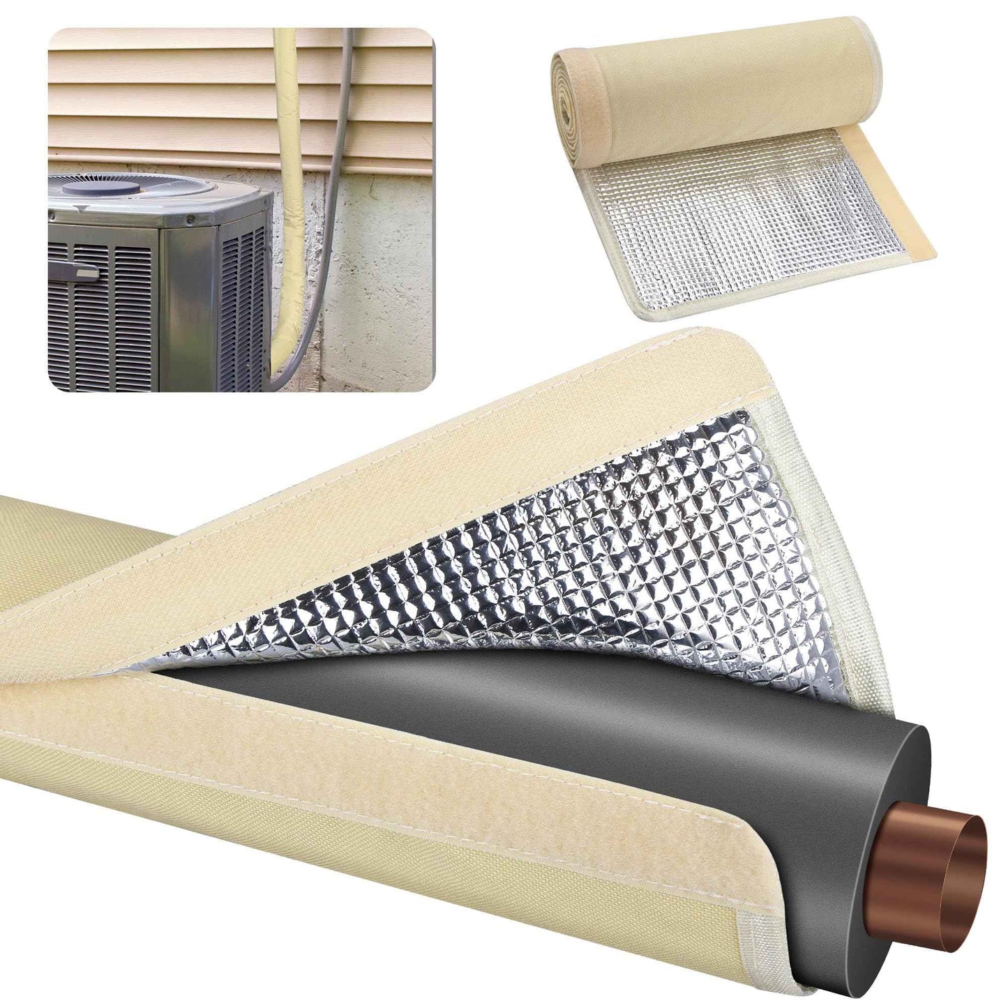 3 Layers HVAC Copper Pipe Insulation Cover Protector,Flexible AC Copper Line Insulation Sleeve,600D Oxford 72x10.2 Inch AC Pipe Insulation Wrap for Outside Central Air Conditioning Splits Khaki