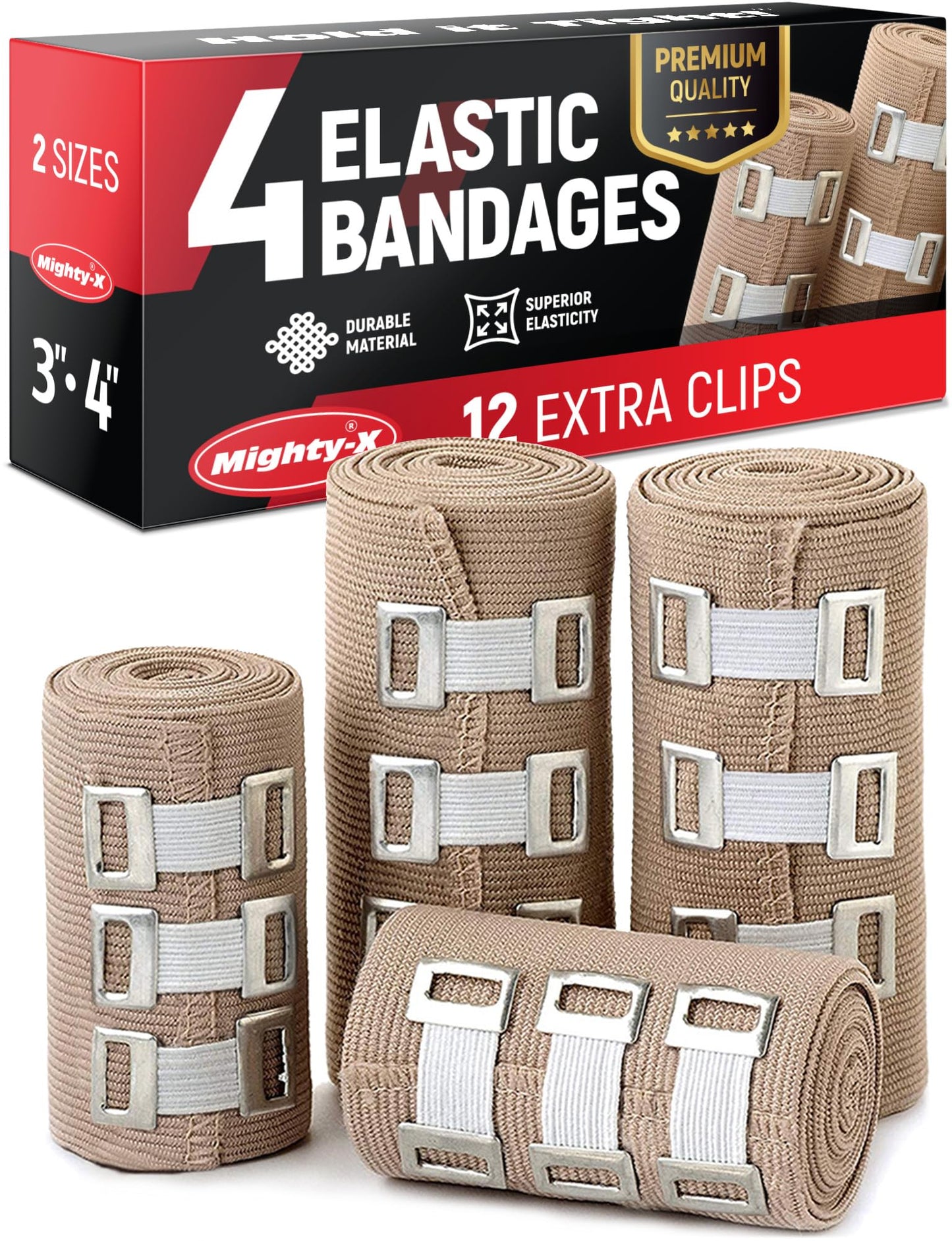 Premium Elastic Bandage Wrap - 4pk (2x3in, 2x4in) + 12 Extra Clips - Strong Compression Bandage Wrap for Leg, Arm, Wrists, Elbow, Ankles, Feet and Knees - for First Aid Kit and After Surgery Recovery