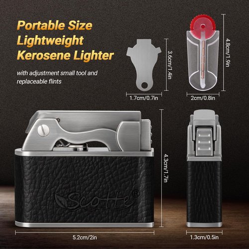 Scotte Vintage Kerosene Lighter, Windproof Soft Flame, Metal and Leather Trench Lighter, Fluid Refillable Pocket Lighters, Easy to Carry and Use, Gift for Father Husband