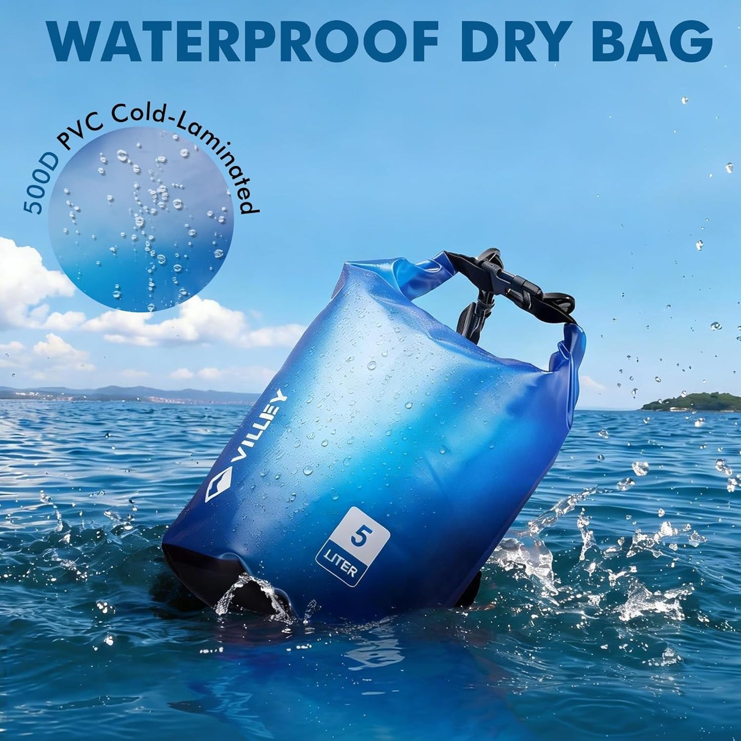 VILLEY Waterproof Dry Bag - 5L Roll Top Backpack for Kayaking, Camping & Beach - Blue Transparent