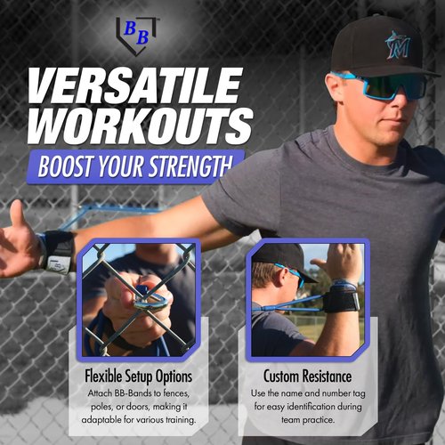 BB Bands Baseball Softball Resistance Training Bands - Arm Strength, Pitching Conditioning Equipment, 3 Strengths (Youth, Adult, Heavy), 7 Colors, Includes Anchor Strap, Door Mount, Bag, Workout Guide