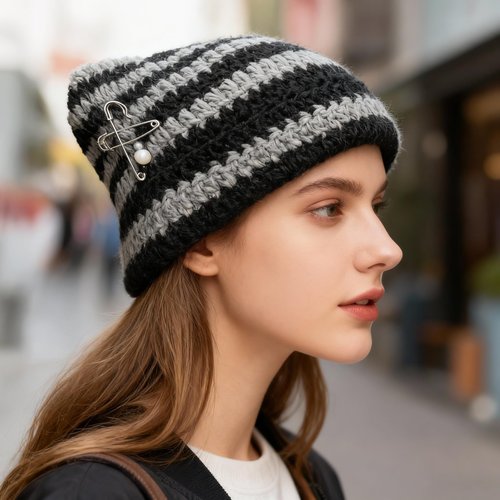 Hshsclth Cat Ear Crochet Beanie Hat Y2K Style with DIY Accessories Goth Knit Hat for Women Girls (US, Alpha, One Size, Black and Grey Stripe)