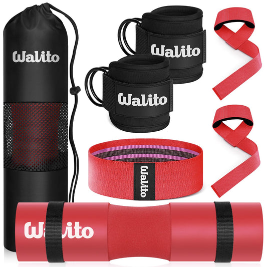 WALITO 8Pcs Barbell Pad Set for Hip Thrust - Squat Pad,Gym Accessories for Women with Bar Bad,Bench Press, with Gym Ankle Straps,Resistance Bands for Working Out,Lifting Strap,Carry Bag (Red)