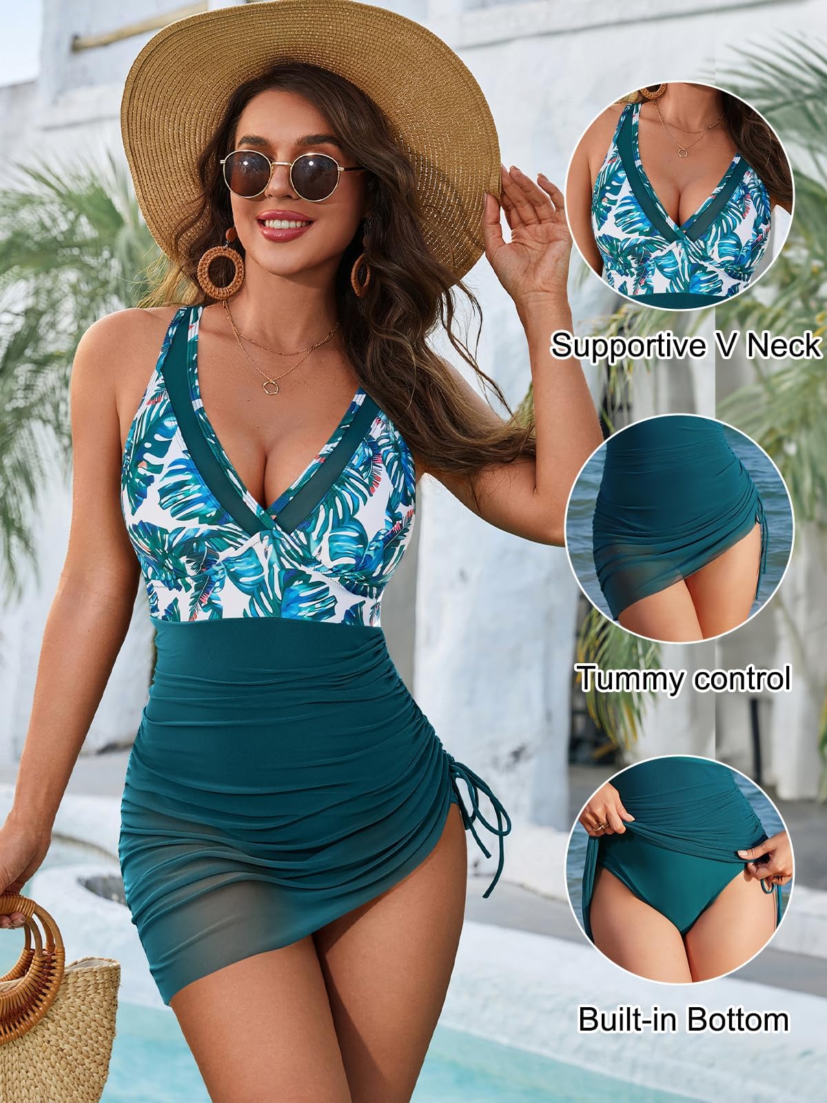 Blooming Jelly Women One Piece Swim Dress Tummy Control Swimsuits Mesh Slimming Bathing Suit (L, Tropical/Blue Green)