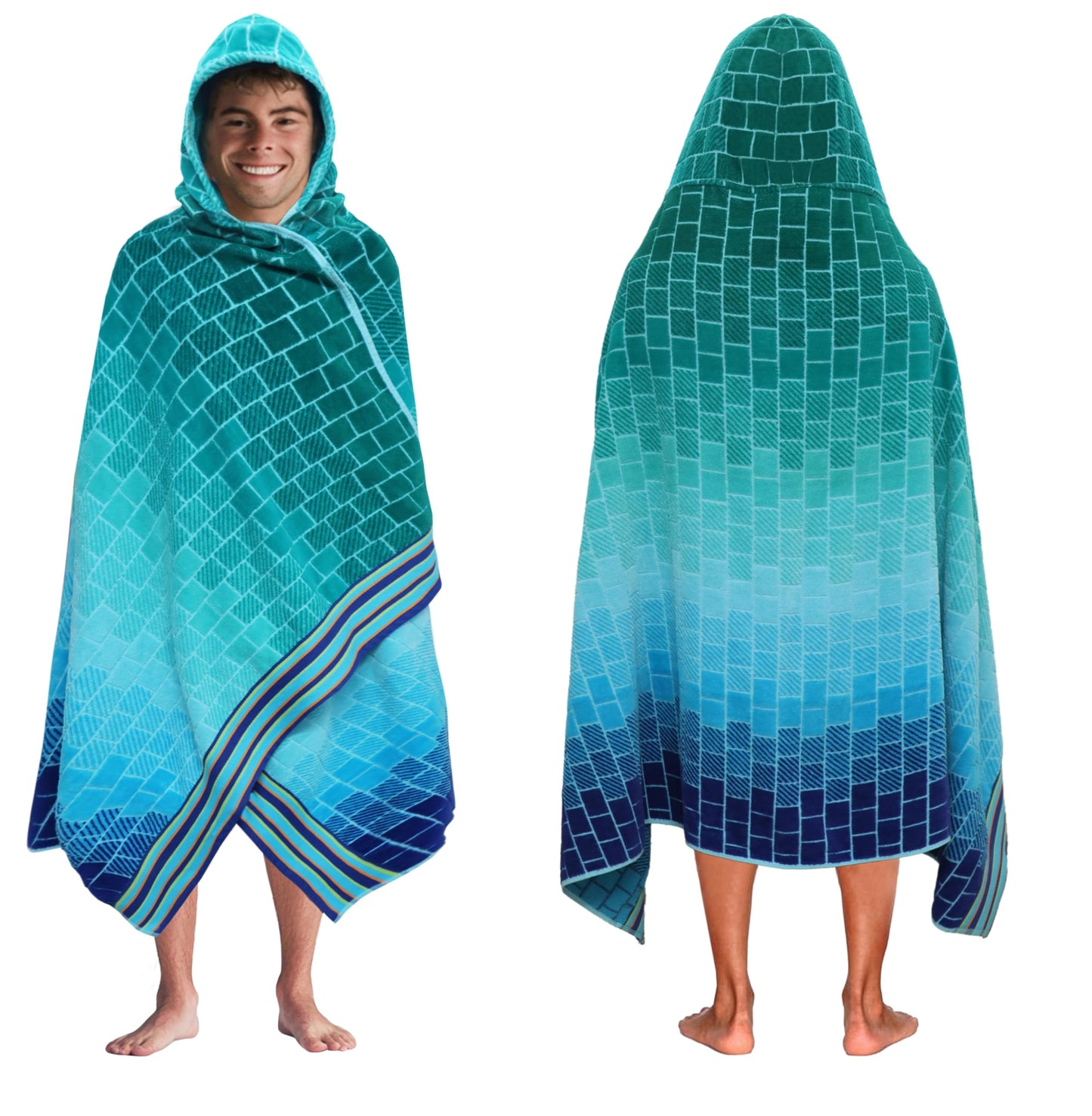 COTTON CRAFT Hooded Beach Towel – Oversized 39 x 68 Towel with Hood for Adults - 100% Cotton Velour Terry Jacquard Towel - Pool Bath Wrap - 450 GSM Soft Absorbent Quick Dry – Blue Tiles