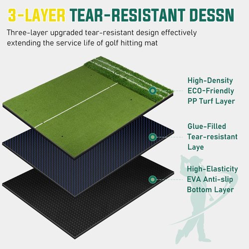 Dual Turf Golf Mat - Practice Indoor/Outdoor, 5 x 4 ft Hitting Mat with Alignment Lines, 9 Tees & Balls Accessories for Swing, Chipping, Putting
