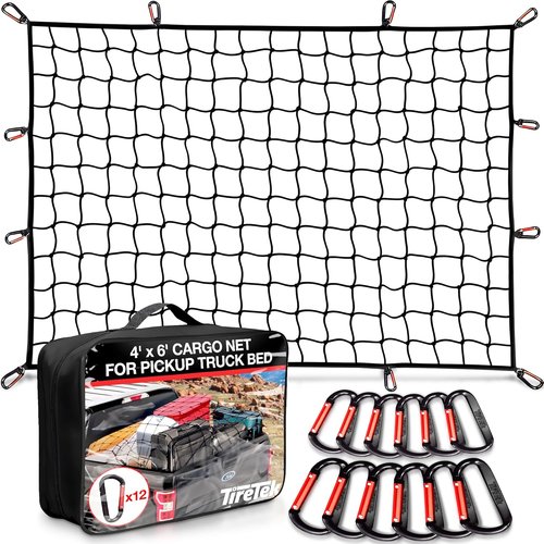 **Cargo Net for Pickup Truck Bed - Heavy Duty Organizer with 12 Carabiners | Stretches 4'x6' to 8'x12'**