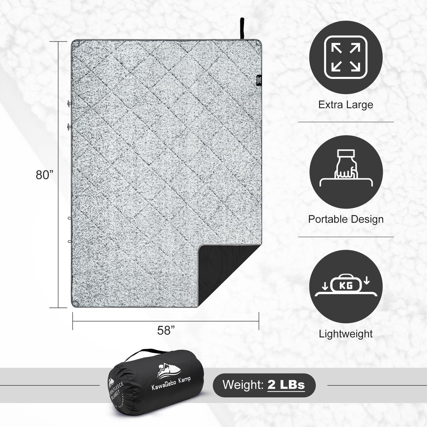 KawaGebo Kamp Sherpa Warm Outdoor Camping Blanket - Waterproof Stadium Blanket for Cold Weather, Camp, Sports Mom and Concert - Camping Quilt 80" X 58" (Black)
