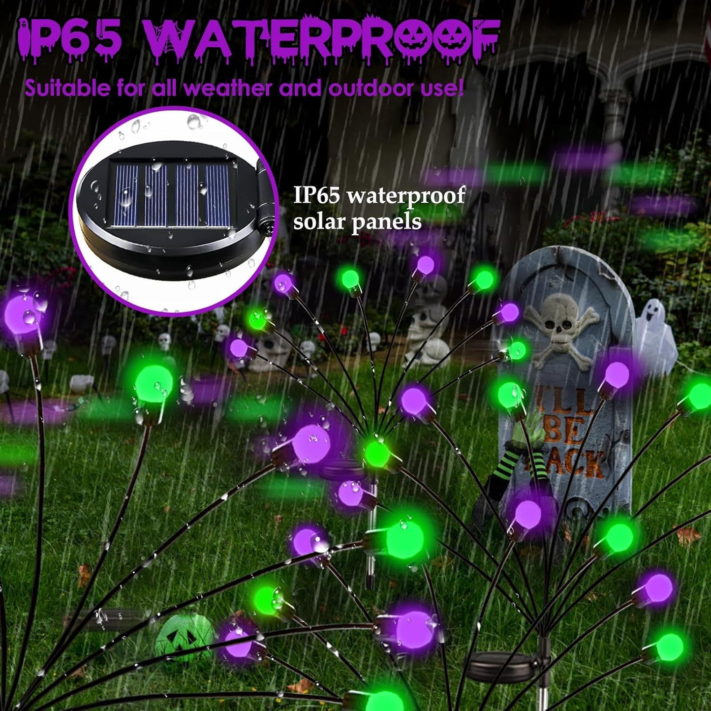 Solar Halloween Pathway Lights - 6 Pack Waterproof Firefly Decor in Orange, Purple & Green