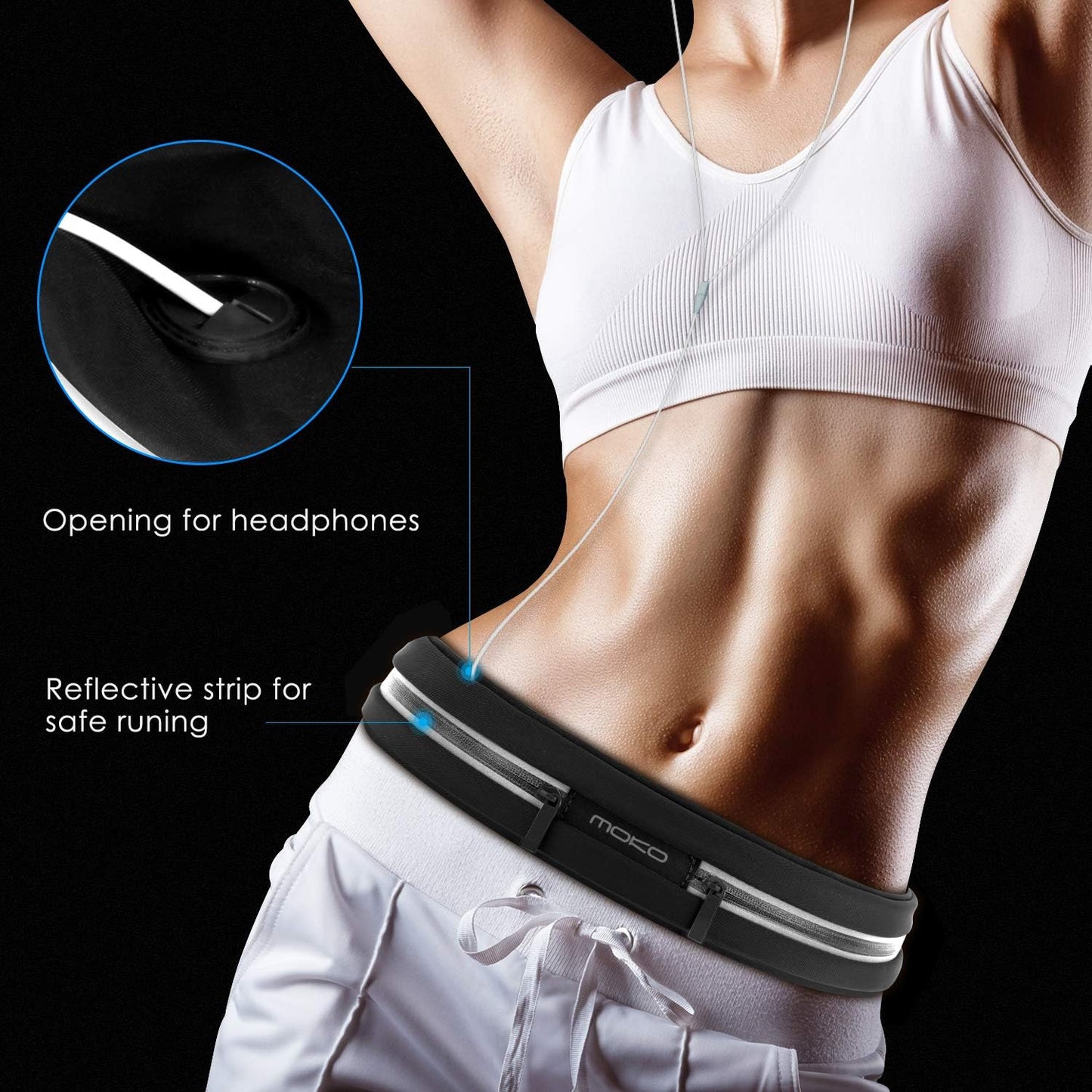 MoKo Sports Running Belt - Sweatproof Reflective Waist Pack for Fitness | Fits iPhone 11/11 Pro Max & Galaxy Note 10