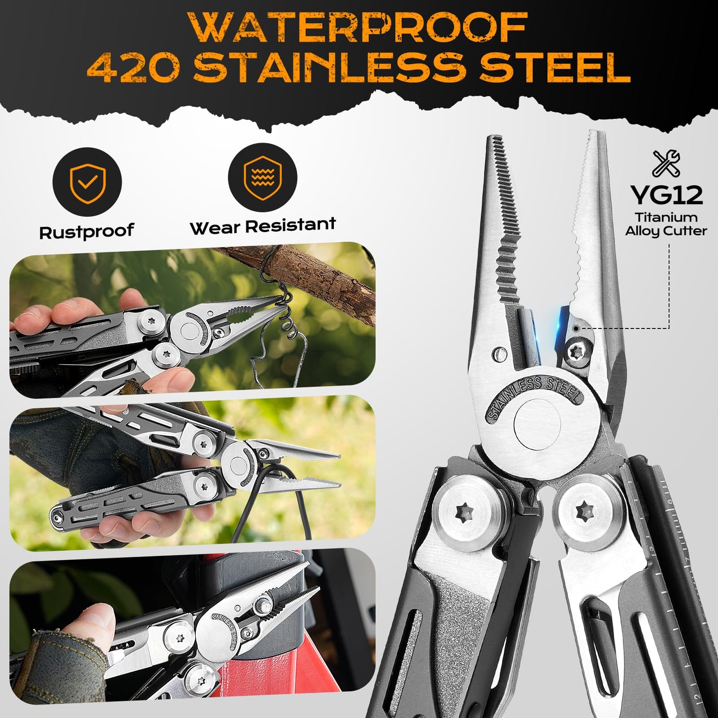 BIBURY Multitools BI2038C, 22-in-1 Stainless Steel Pocket Knife with Scissors, Foldable Self-locking EDC Multi tools Pliers with Sheath for Outdoor Hunting Survival Camping Simple Repair