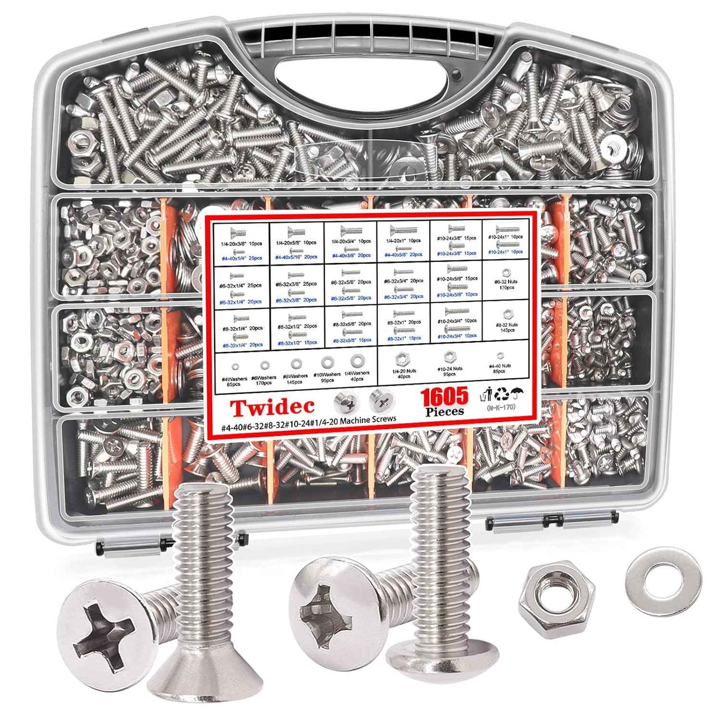 2002PCS Stainless Steel Hardware Assortment Kit - Metric & SAE Screws, Nuts, Bolts & Washers with Organizer Box